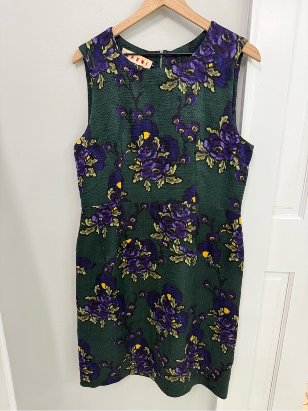 Marni Dark Green and Purple Floral Sleeveless Midi Dress, Size 46 IT/US 10-12